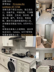 Levittown统仓studio招租，独立进出口，租金1500提供家具拎包入住